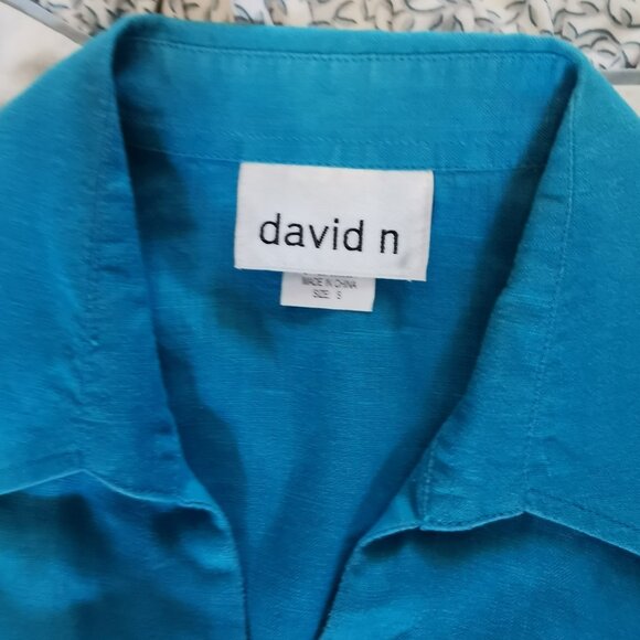 David N 100% Linen Top Small Turquoise Coastal Beachy Sleeve Button Up 0201 - Picture 5 of 6